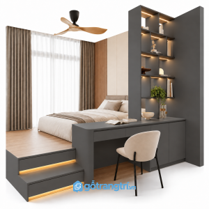 Giường ngủ bục gỗ có bàn làm việc liền kệ trang trí GHS-9114 - 2400X2600X2200MM - Màu ghi - GHS-9114A