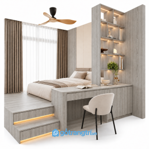 Giường ngủ bục gỗ có bàn làm việc liền kệ trang trí GHS-9114 - 2400X2600X2200MM - Màu gỗ 413 - GHS-9114B