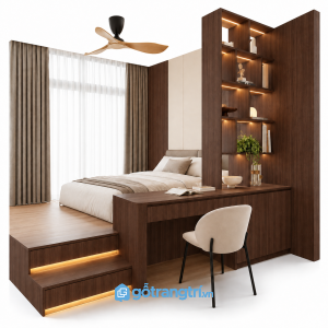 Giường ngủ bục gỗ có bàn làm việc liền kệ trang trí GHS-9114 - 2400X2600X2200MM - Màu gỗ 613 - GHS-9114C