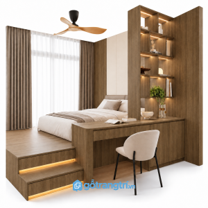 Giường ngủ bục gỗ có bàn làm việc liền kệ trang trí GHS-9114 - 2400X2600X2200MM - Màu gỗ óc chó - GHS-9114D