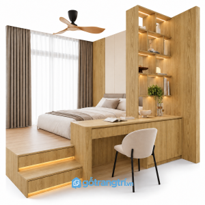 Giường ngủ bục gỗ có bàn làm việc liền kệ trang trí GHS-9114 - 2400X2600X2200MM - Màu gỗ sồi - GHS-9114E