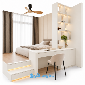 Giường ngủ bục gỗ có bàn làm việc liền kệ trang trí GHS-9114 - 2400X2600X2200MM - Màu trắng - GHS-9114G
