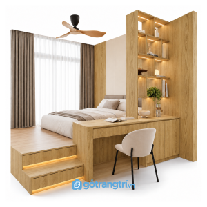 Giường ngủ bục gỗ có bàn làm việc liền kệ trang trí GHS-9114