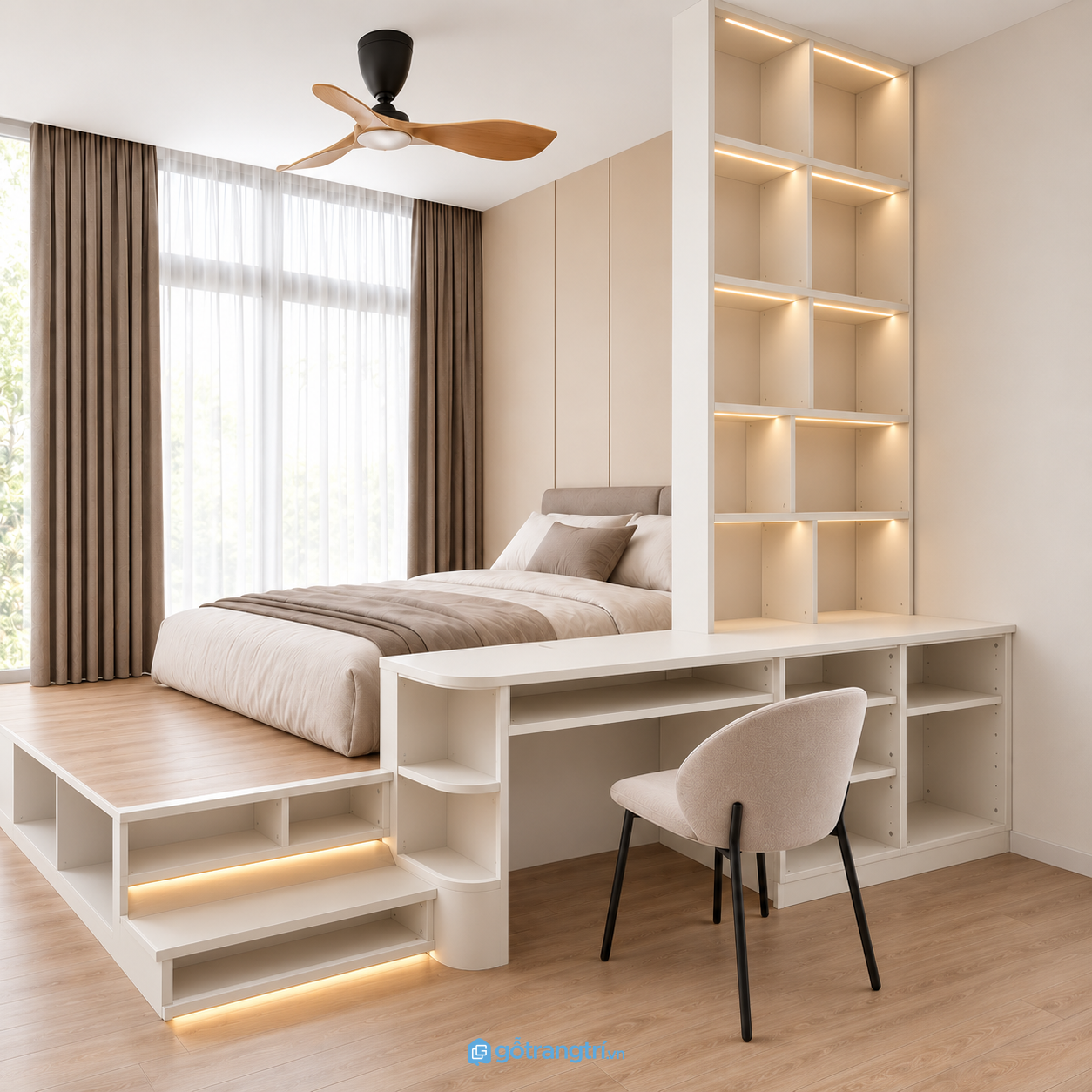 Giường ngủ bục gỗ có bàn làm việc liền kệ trang trí GHS-9114 - hình ảnh thực tế 1
