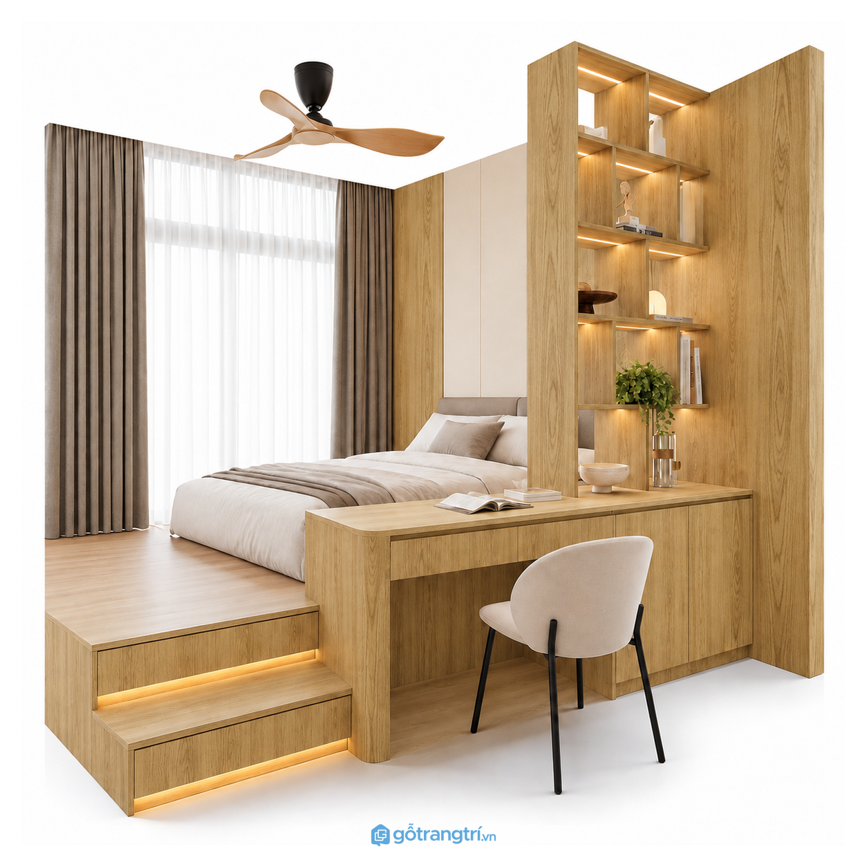 Giường ngủ bục gỗ có bàn làm việc liền kệ trang trí GHS-9114
