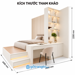 Giường ngủ bục gỗ hiện đại kết hợp bàn làm việc và kệ trang trí