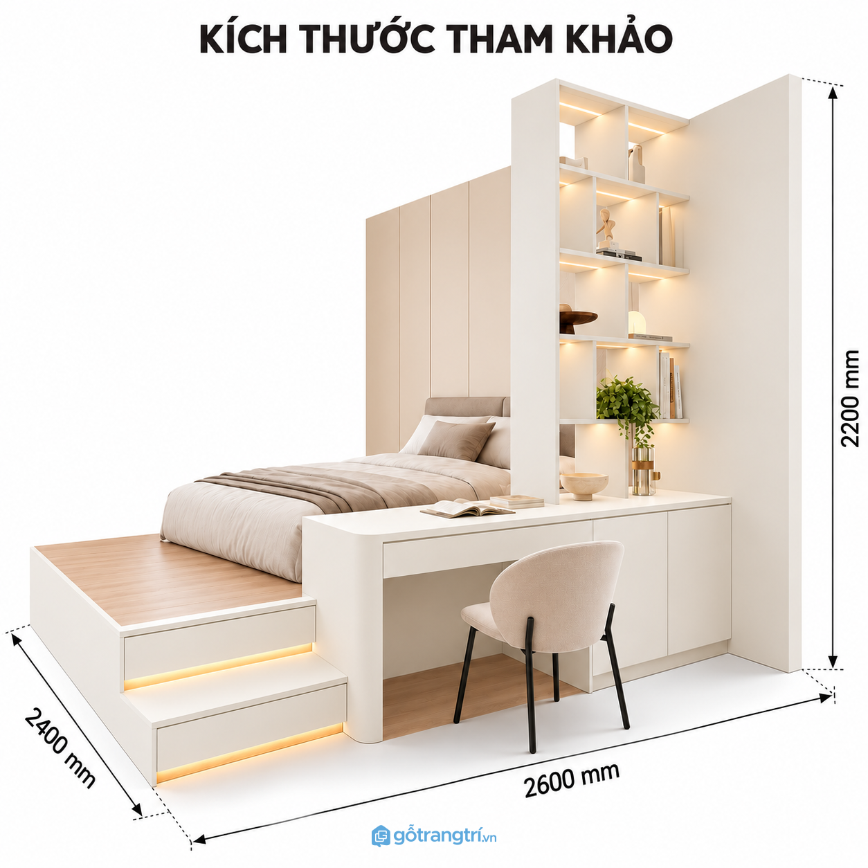 Giường ngủ bục gỗ hiện đại kết hợp bàn làm việc và kệ trang trí