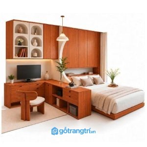 Giường ngủ liền bàn làm việc chữ L gỗ nâu hiện đại GHS-4068
