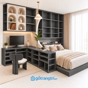 Giường ngủ liền bàn làm việc chữ L gỗ nâu hiện đại GHS-4068 - hình ảnh thực tế 1