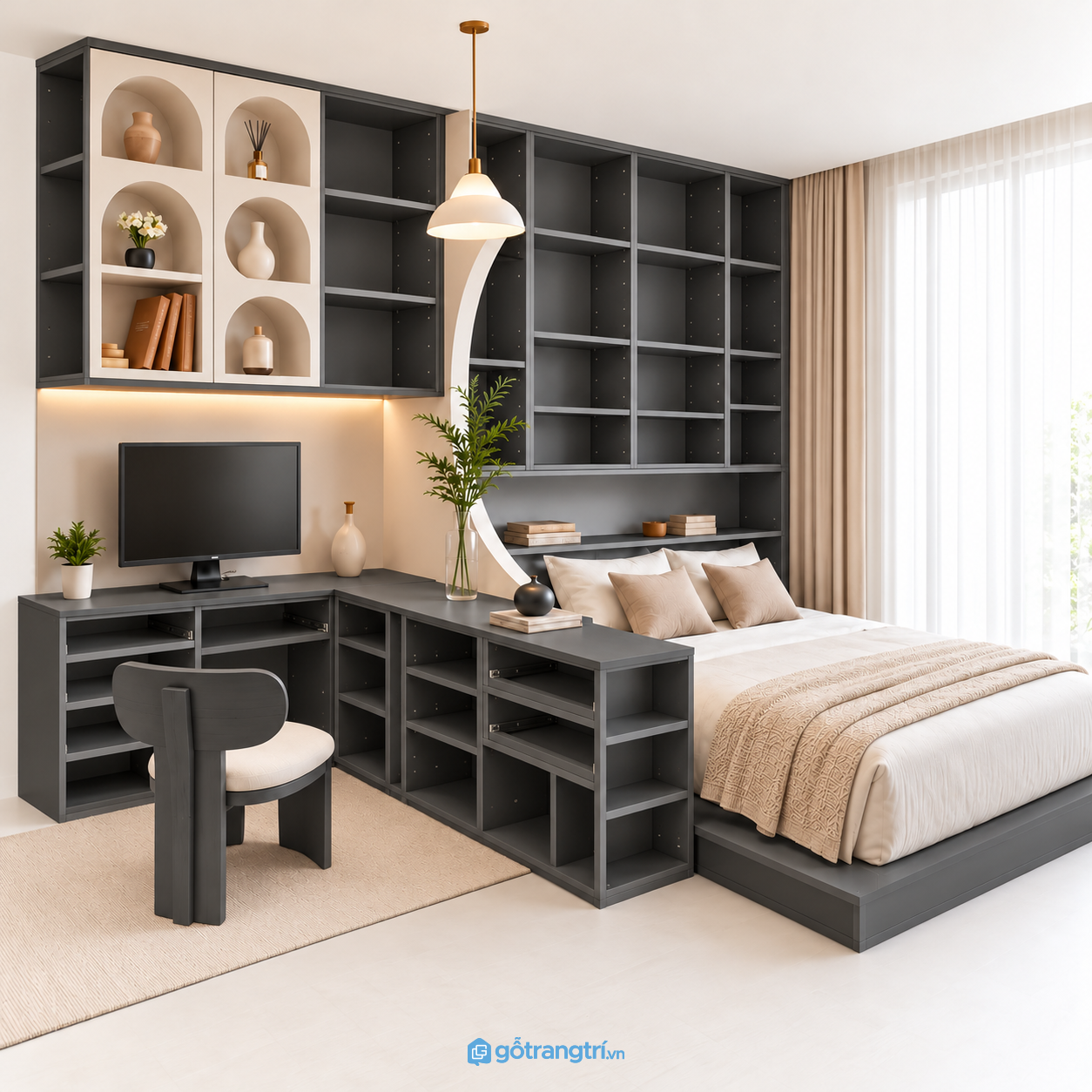 Giường ngủ liền bàn làm việc chữ L gỗ nâu hiện đại GHS-4068 - hình ảnh thực tế 1