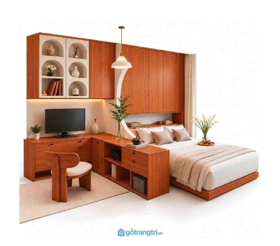 Giường ngủ liền bàn làm việc chữ L gỗ nâu hiện đại GHS-4068