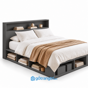 Giường Ngủ Màu Trắng Có Kệ Để Đồ Hiện Đại 1m8 GHS-9126 - Lọt đệm 1m8x2m - Màu ghi