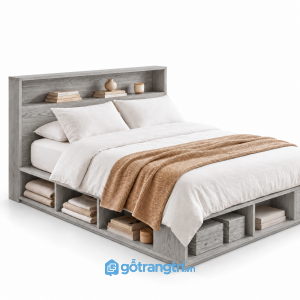 Giường Ngủ Màu Trắng Có Kệ Để Đồ Hiện Đại 1m8 GHS-9126 - Lọt đệm 1m8x2m - Màu gỗ 413