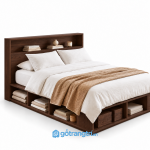 Giường Ngủ Màu Trắng Có Kệ Để Đồ Hiện Đại 1m8 GHS-9126 - Lọt đệm 1m8x2m - Màu gỗ 613