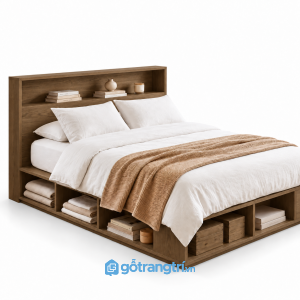 Giường Ngủ Màu Trắng Có Kệ Để Đồ Hiện Đại 1m8 GHS-9126 - Lọt đệm 1m8x2m - Màu gỗ óc chó