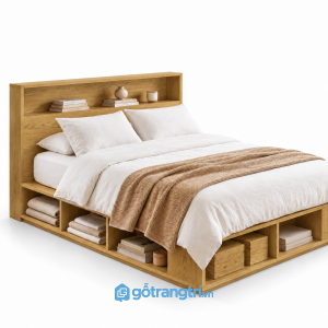 Giường Ngủ Màu Trắng Có Kệ Để Đồ Hiện Đại 1m8 GHS-9126 - Lọt đệm 1m8x2m - Màu gỗ sồi