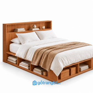Giường Ngủ Màu Trắng Có Kệ Để Đồ Hiện Đại 1m8 GHS-9126 - Lọt đệm 1m8x2m - Màu gỗ xoan đào