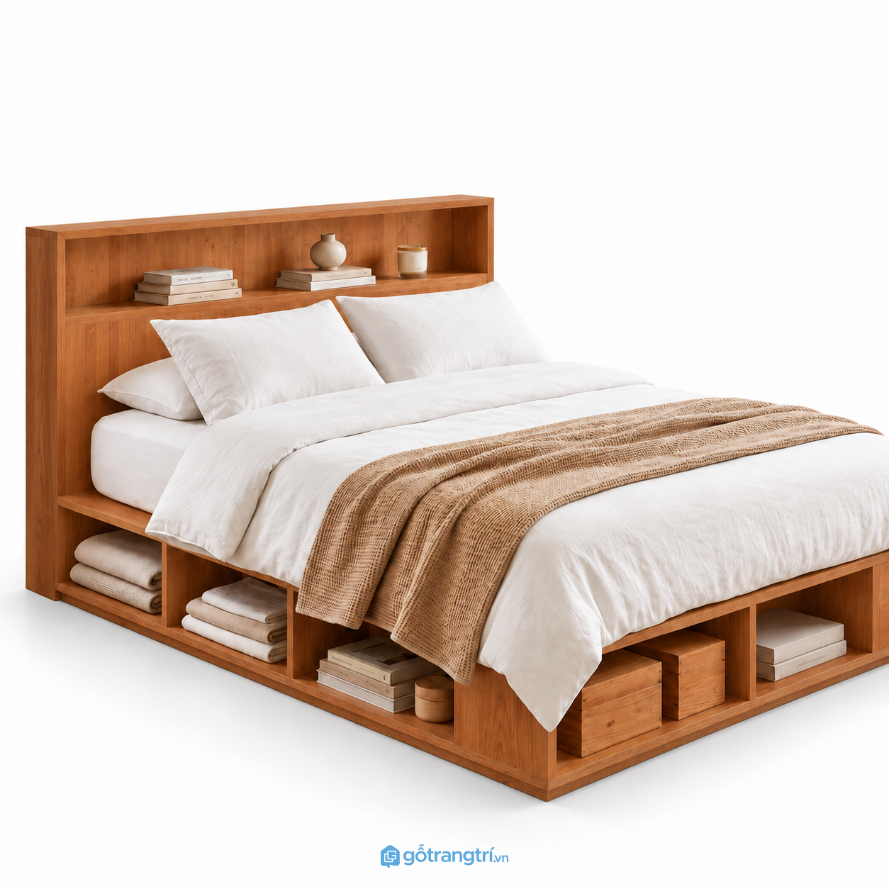 Giường Ngủ Màu Trắng Có Kệ Để Đồ Hiện Đại 1m8 GHS-9126 - Lọt đệm 1m8x2m - Màu gỗ xoan đào