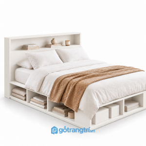 Giường Ngủ Màu Trắng Có Kệ Để Đồ Hiện Đại 1m8 GHS-9126 - Lọt đệm 1m8x2m - Màu trắng