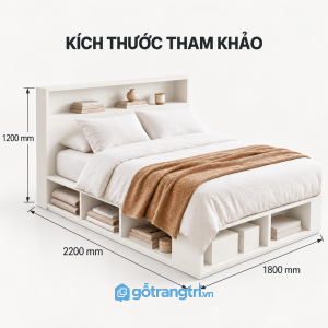 Giường ngủ màu trắng có kệ để đồ kết hợp nhiều hộc mở