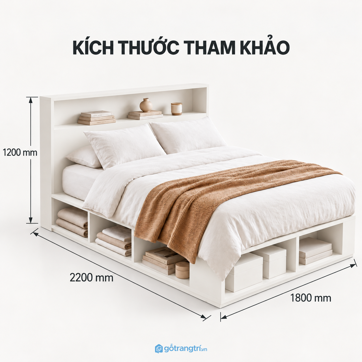 Giường ngủ màu trắng có kệ để đồ kết hợp nhiều hộc mở