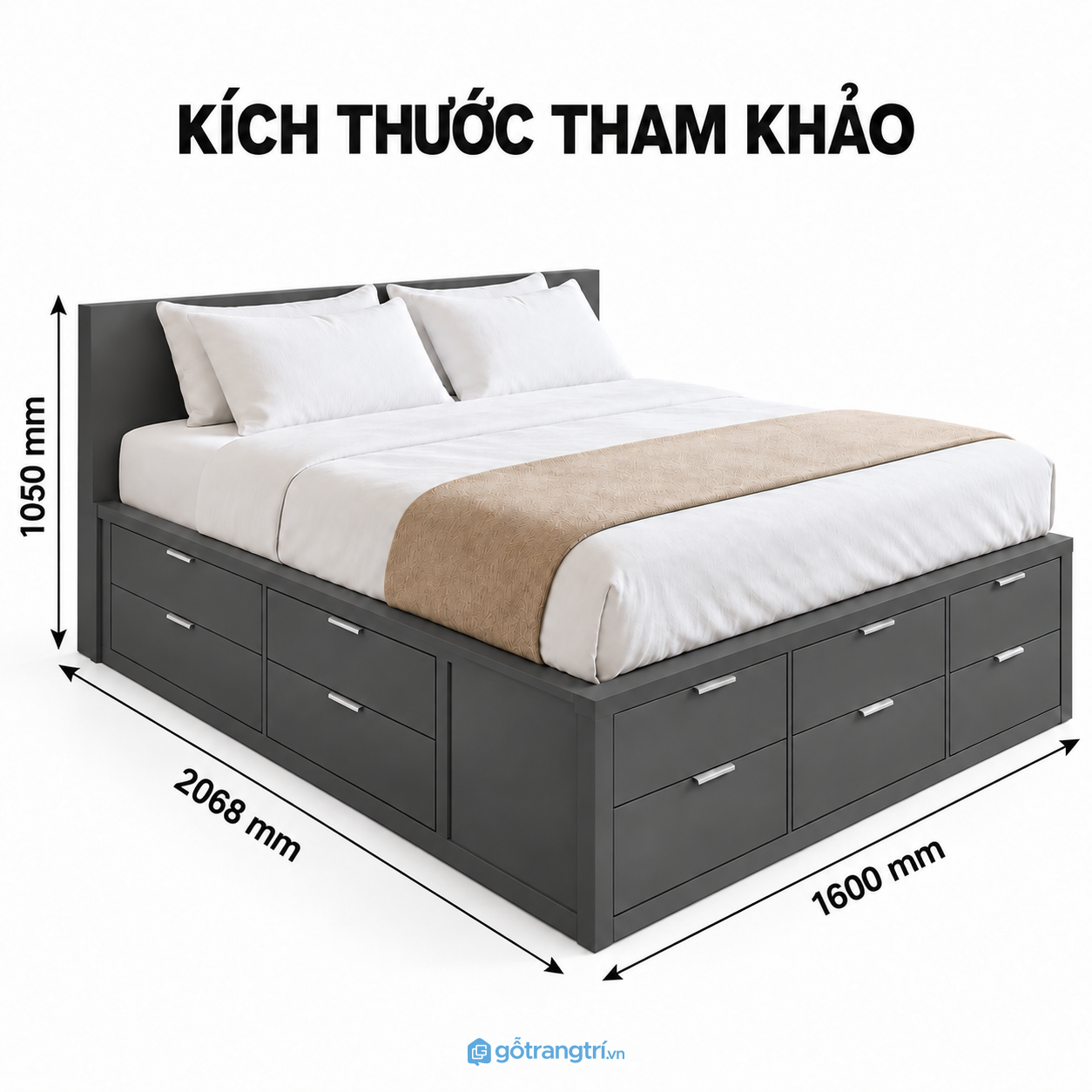 Giường ngủ màu xám đậm có ngăn kéo tiện nghi, rộng rãi