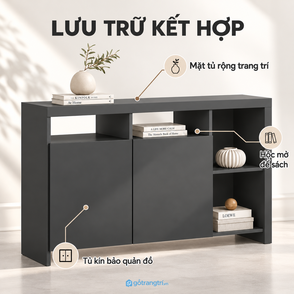 Hai cánh kín kết hợp nhiều kệ mở tiện dụng Hai cánh kín kết hợp nhiều kệ mở tiện dụng