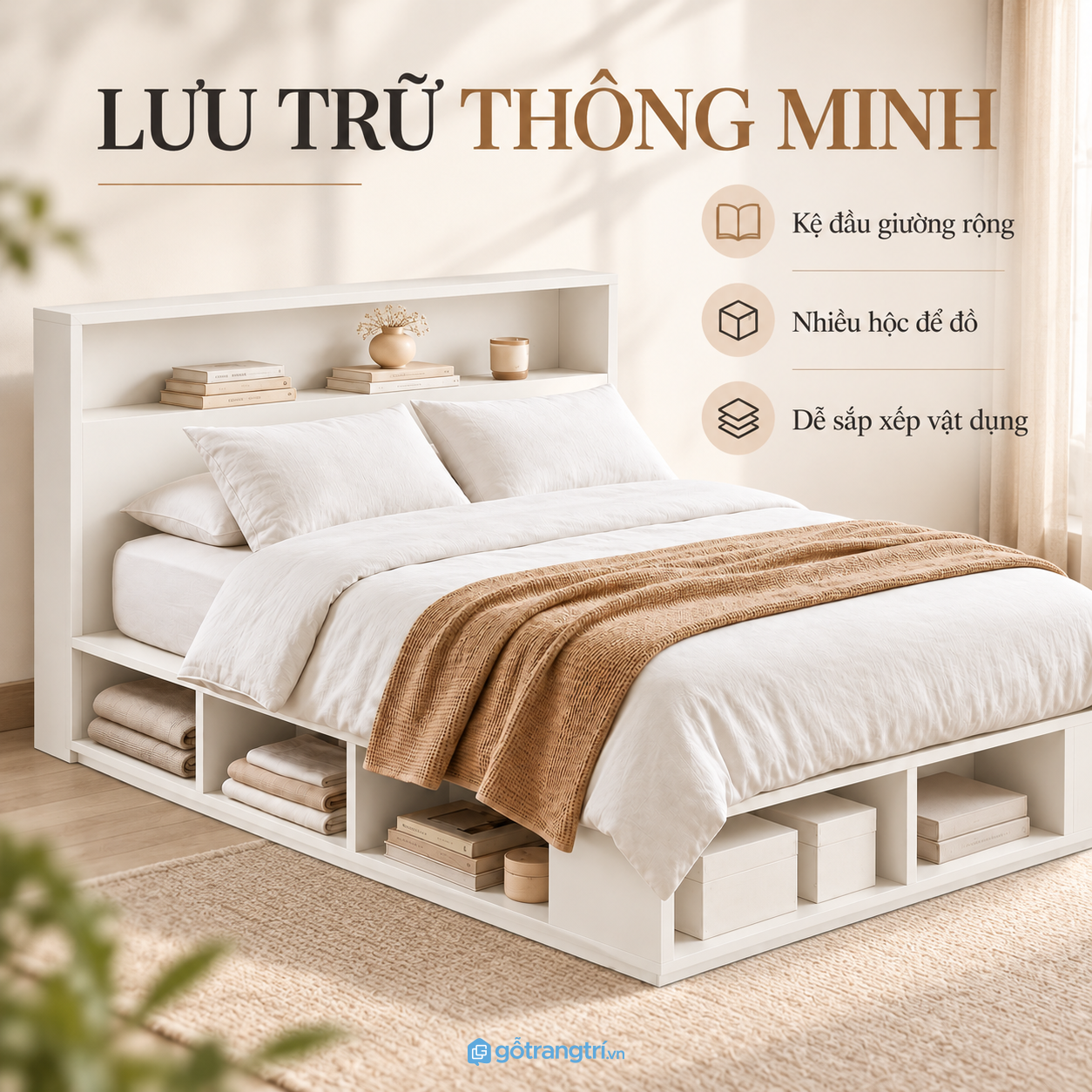 Hệ thống hộc mở tận dụng không gian dưới gầm giường