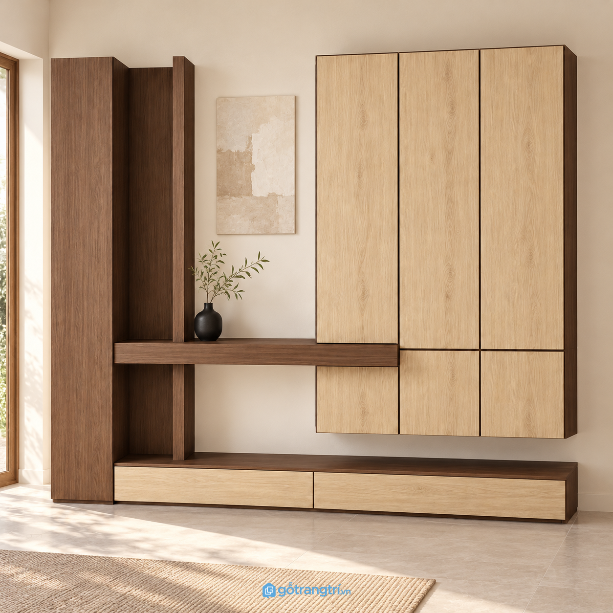 Phối cảnh hệ tủ sảnh kết hợp kệ trang trí và ngăn kéo GHS-5149