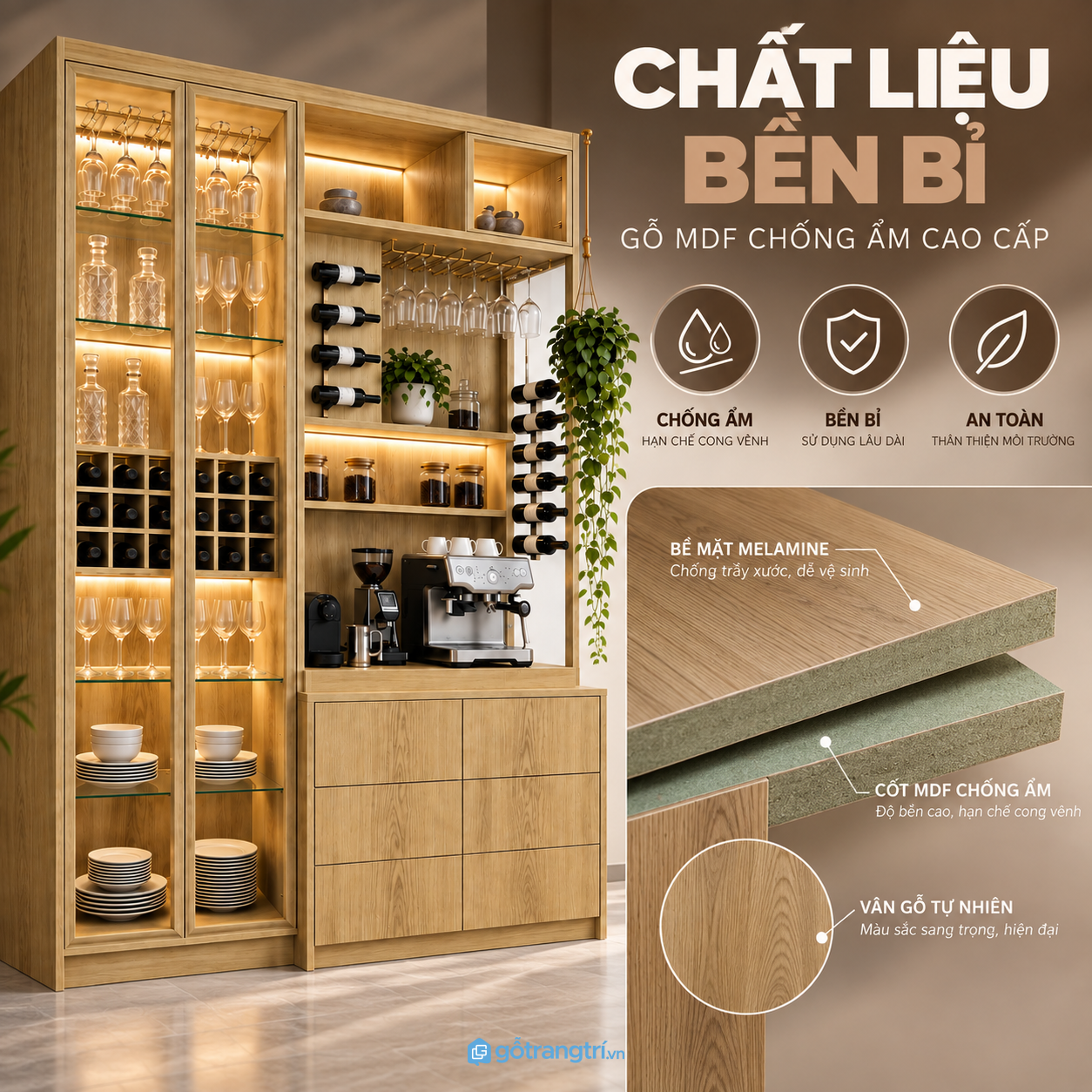 Kệ ly treo và khoang chai được phân chia khoa học Kệ ly treo và khoang chai được phân chia khoa học