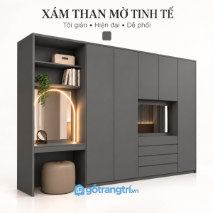 Kệ mở có đèn tạo điểm nhấn cho phòng ngủ