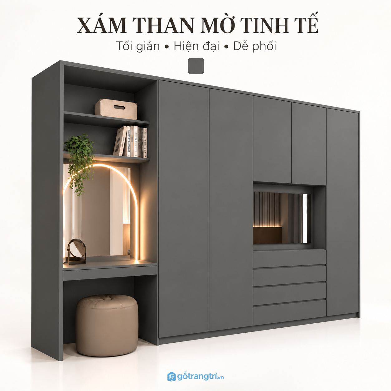 Kệ mở có đèn tạo điểm nhấn cho phòng ngủ