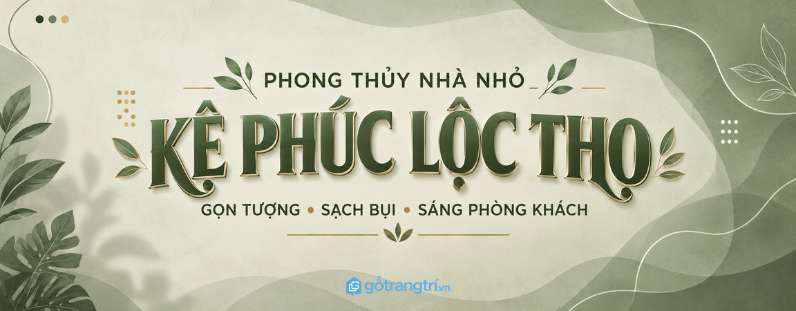 Kệ Phúc Lộc Thọ phong thủy phòng khách nhỏ: gọn tượng, sạch bụi và sáng phòng khách