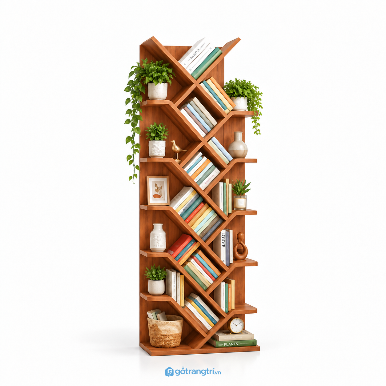 Kệ Sách Gỗ Màu Nâu Thiết Kế Chữ X Đan Chéo Nhiều Tầng GHS-2015