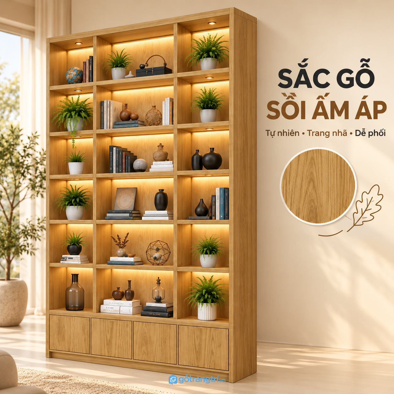 Kệ trang trí gỗ cao 2m2 phù hợp nhiều không gian