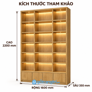 Kệ trưng bày gỗ 18 ô có đèn LED kết hợp tủ lưu trữ