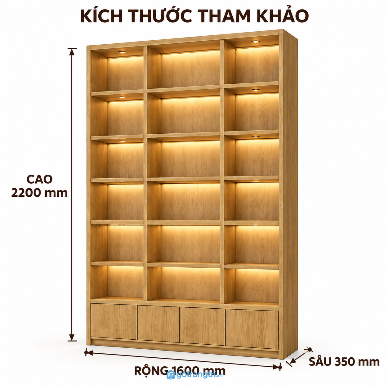 Kệ trưng bày gỗ 18 ô có đèn LED kết hợp tủ lưu trữ