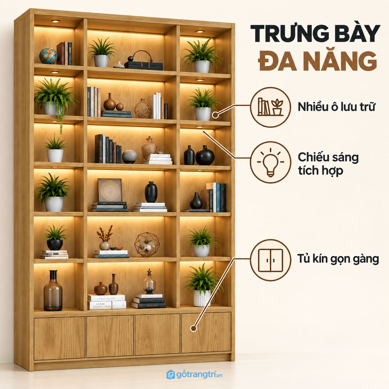 Kệ trưng bày nhiều ngăn có tủ dưới tiện dụng