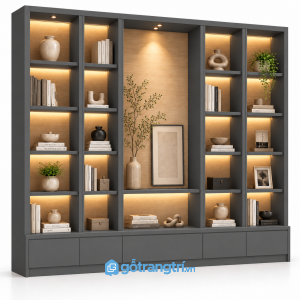 Kệ tủ trang trí phòng khách có đèn LED hiện đại GHS-1022 - 2500x400x2000mm - Màu ghi - GHS-1022a