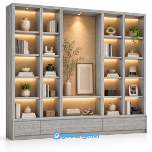 Kệ tủ trang trí phòng khách có đèn LED hiện đại GHS-1022 - 2500x400x2000mm - Màu gỗ 413 - GHS-1022b