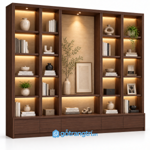 Kệ tủ trang trí phòng khách có đèn LED hiện đại GHS-1022 - 2500x400x2000mm - Màu gỗ 613 - GHS-1022c