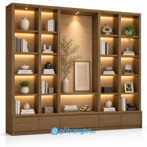 Kệ tủ trang trí phòng khách có đèn LED hiện đại GHS-1022 - 2500x400x2000mm - Màu gỗ óc chó - GHS-1022d