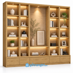 Kệ tủ trang trí phòng khách có đèn LED hiện đại GHS-1022 - 2500x400x2000mm - Màu gỗ sồi - GHS-1022e