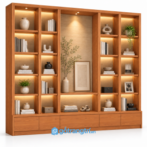 Kệ tủ trang trí phòng khách có đèn LED hiện đại GHS-1022 - 2500x400x2000mm - Màu gỗ xoan đào - GHS-1022f