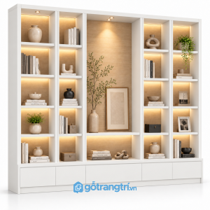 Kệ tủ trang trí phòng khách có đèn LED hiện đại GHS-1022 - 2500x400x2000mm - Màu trắng - GHS-1022g