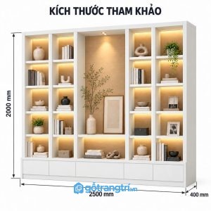 Kệ tủ trang trí phòng khách có đèn LED nhiều ngăn