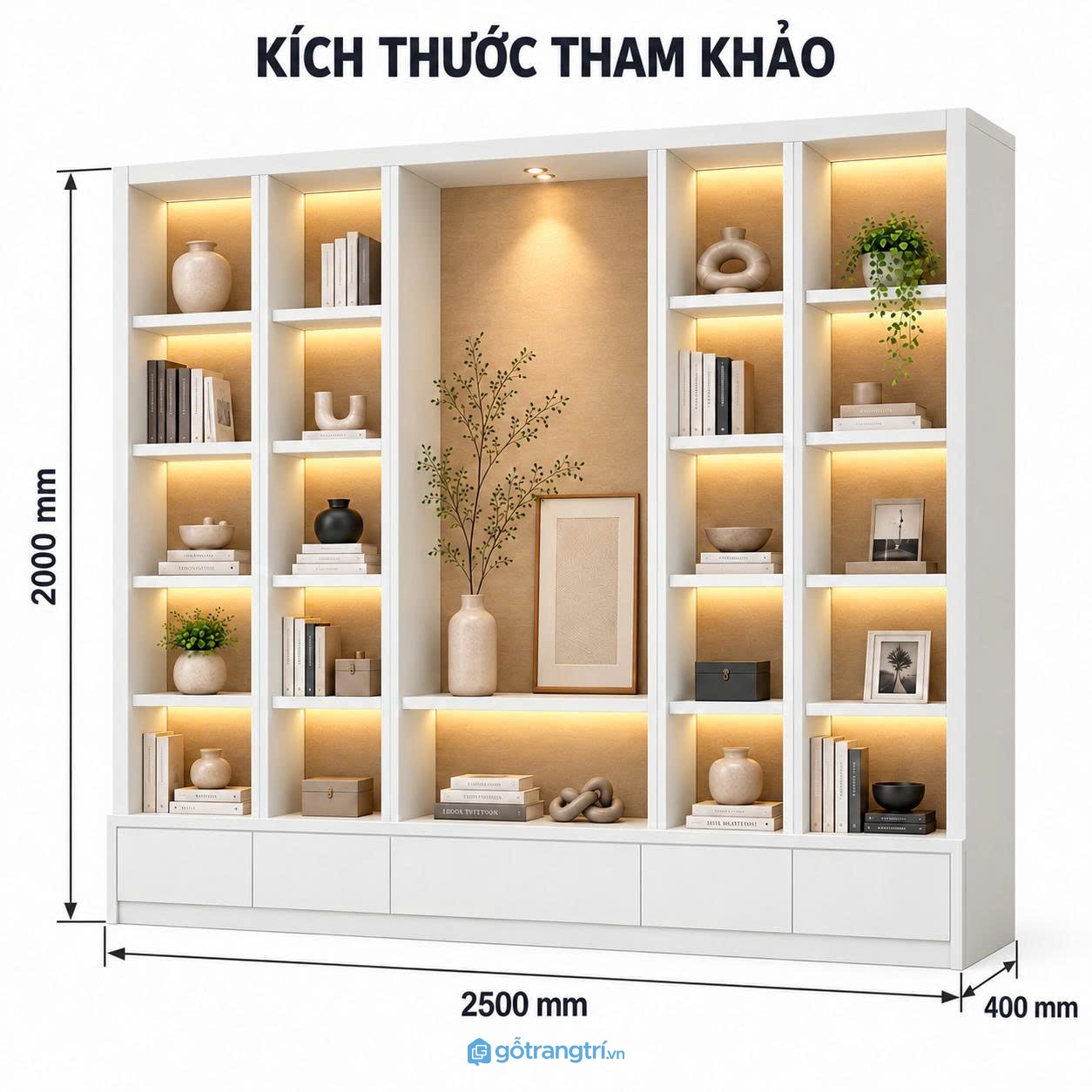 Kệ tủ trang trí phòng khách có đèn LED nhiều ngăn
