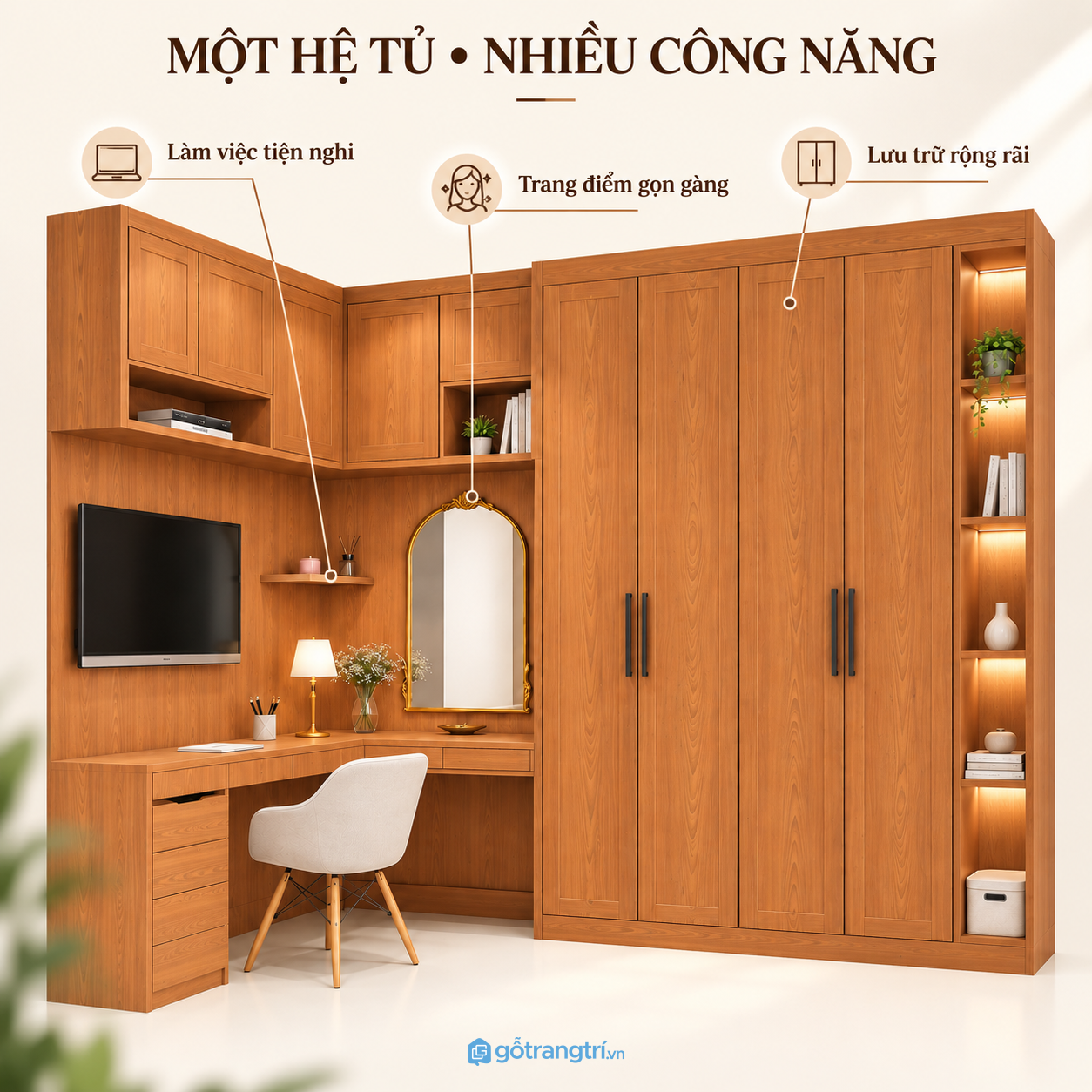 Kết hợp bàn làm việc, tivi và khu vực trang điểm