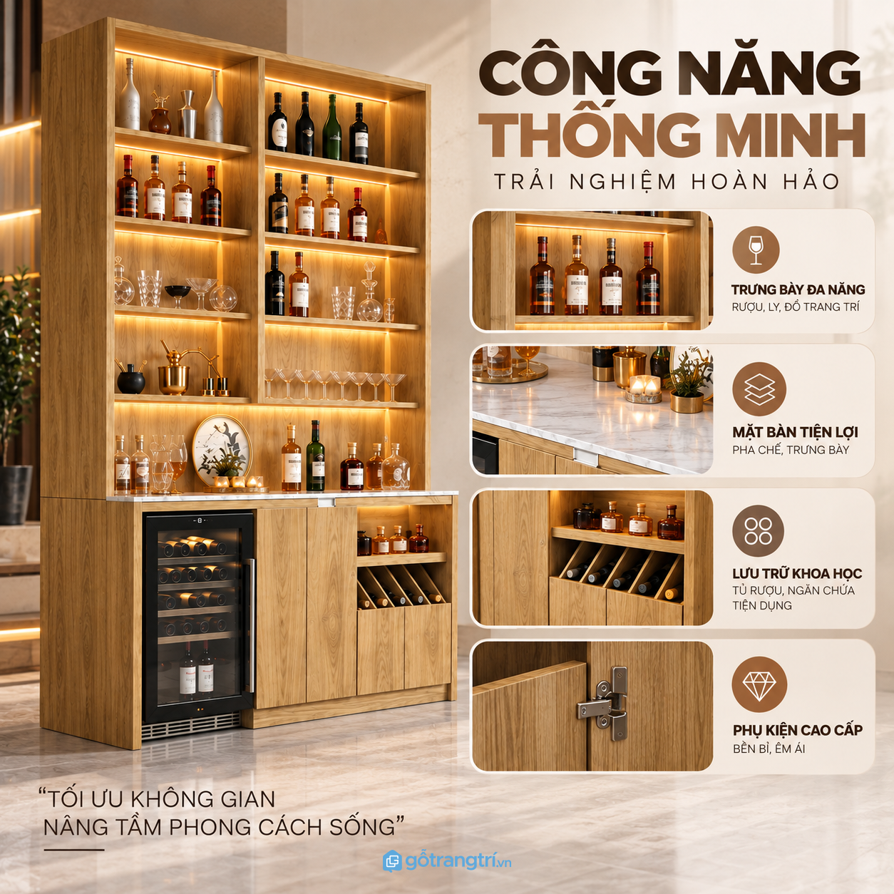 Kết hợp khoang bảo quản và ngăn để chai nằm