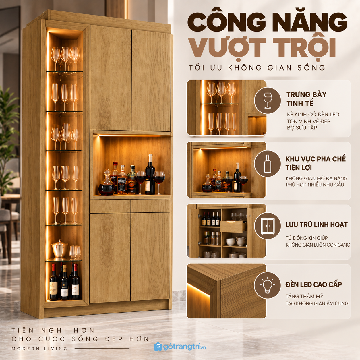 Kết hợp khoang mở, tủ kín và đèn LED Kết hợp khoang mở, tủ kín và đèn LED